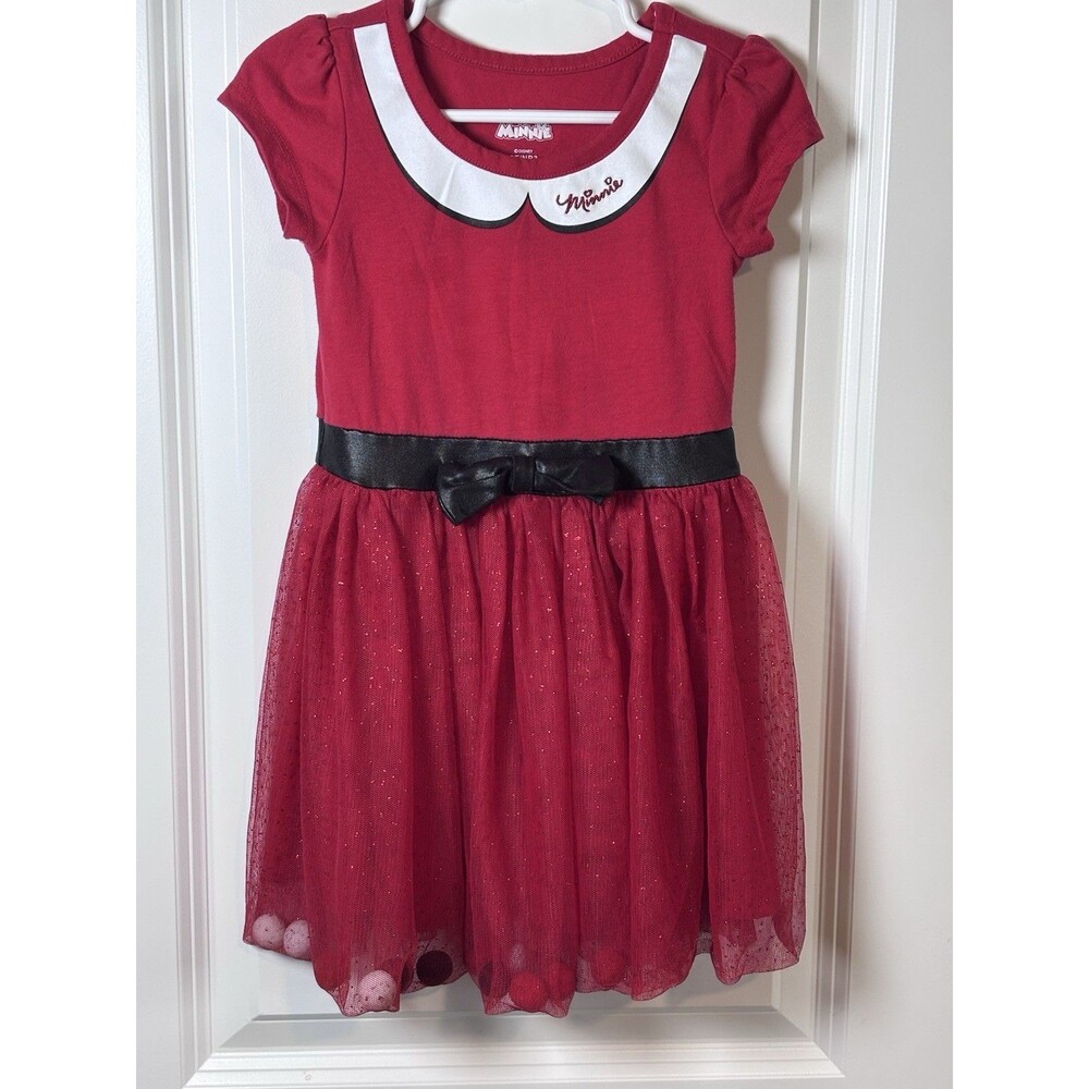 Disney Junior Minnie Mouse Girls dress 3T Red Sparkly Tutu With Poms Christmas